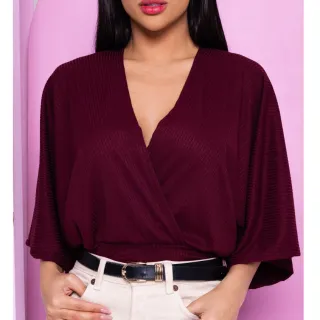 Cropped Feminino Blusa Transpassada Decote V Manga Morcego - Fúcsia