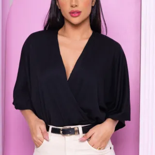 Cropped Feminino Blusa Transpassada Decote V Manga Morcego - Fúcsia