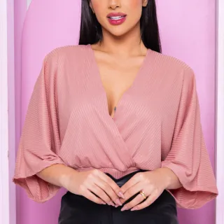 Cropped Feminino Blusa Transpassada Decote V Manga Morcego - Fúcsia