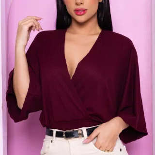 Cropped Feminino Blusa Transpassada Decote V Manga Morcego - Fúcsia