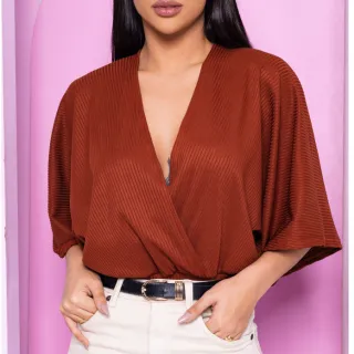 Cropped Feminino Blusa Transpassada Decote V Manga Morcego - Fúcsia