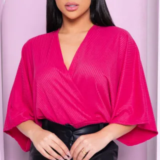 Cropped Feminino Blusa Transpassada Decote V Manga Morcego - Fúcsia