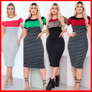 DIANA MC - Vestido Tubinho Midi para Look do Culto e Dia a Dia - CINZA/MOSTARDA