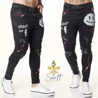 Calças jeans premium masculina skinny destroyed - Black - Calça night on sorriso