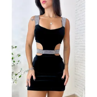 Vestido Colado de Veludo com Bojo para Festa - Preto