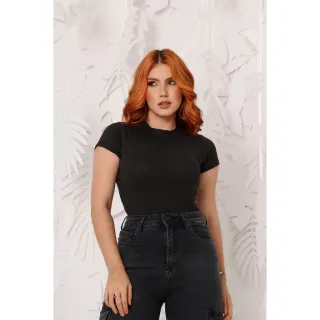 Manga Curta Blusa Feminina Gola Alta Canelada - Telha