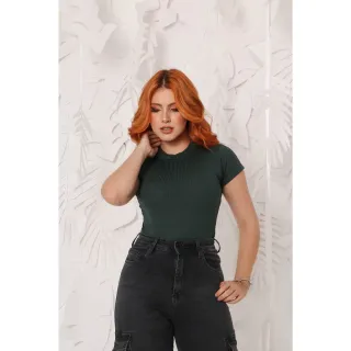 Manga Curta Blusa Feminina Gola Alta Canelada - Telha
