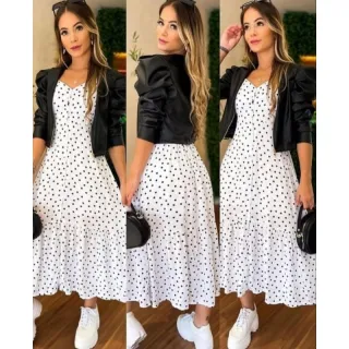 Compre agora o elegante Vestido Longo de Alcinha em Crepiho, com modelo botão e babado poá forrado. - Pinki  liso