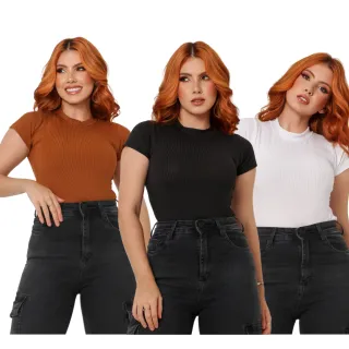 Manga Curta Blusa Feminina Gola Alta Canelada - Telha