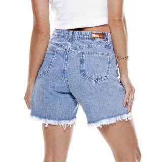 Shorts Levanta Bumbum Jeans Feminino Cintura Alta Meia Coxa Pérola Strass - 42