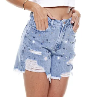 Shorts Levanta Bumbum Jeans Feminino Cintura Alta Meia Coxa Pérola Strass - 42