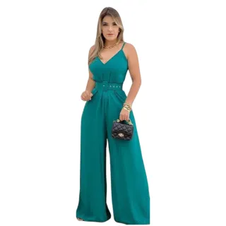 Widepeg Pantalona Feminino - Macacão Sofisticado Elegante com Cinto - Alcinha Azul