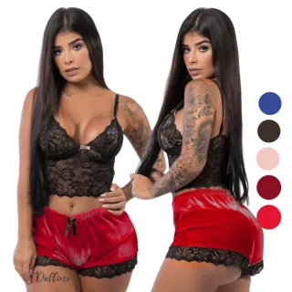 Baby Doll Feminino Lingerie Veludo Luxo Renda Sexy Short - Vinho