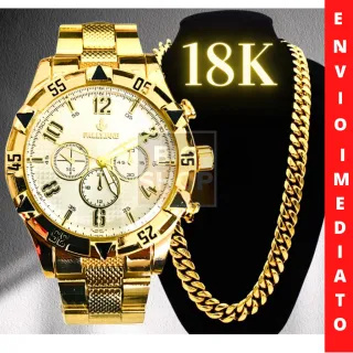 Corrente Dourada Grossa Banhada em Ouro 18k + Relógio Masculino Dourado