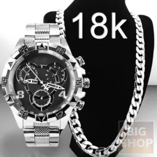 Corrente Dourada Grossa Banhada em Ouro 18k + Relógio Masculino Dourado - KIT Prata + Corrente