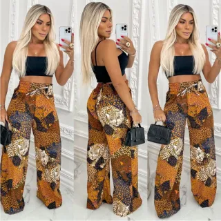 Calça Pantalona Feminina com Cintura Alta e Elástico Grosso - 13