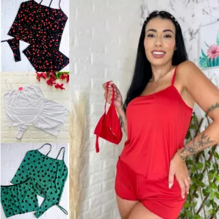 Pijama Feminino Confortável Short Doll Três Peças