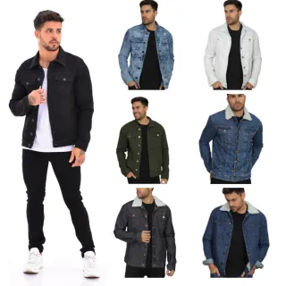 Manga Longa Jaqueta Jeans Masculina Tradicional Botões - Preto