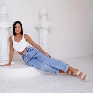 Cós Elástico Calça Feminina Mom Jeans Cintura Alta - 46