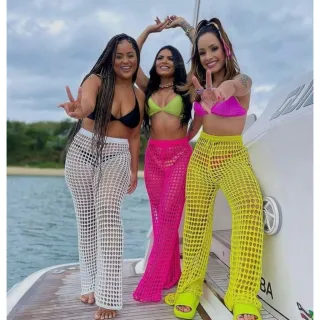 Calça Tricot Croche Flare Saida de Praia Feminina Cintura Alta - Fúcsia