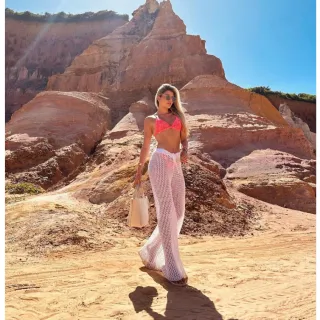 Calça Tricot Croche Flare Saida de Praia Feminina Cintura Alta - Fúcsia