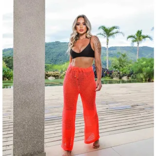 Calça Tricot Croche Flare Saida de Praia Feminina Cintura Alta - Fúcsia