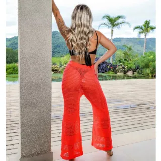 Calça Tricot Croche Flare Saida de Praia Feminina Cintura Alta - Fúcsia