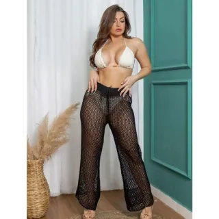 Calça Tricot Croche Flare Saida de Praia Feminina Cintura Alta - Fúcsia