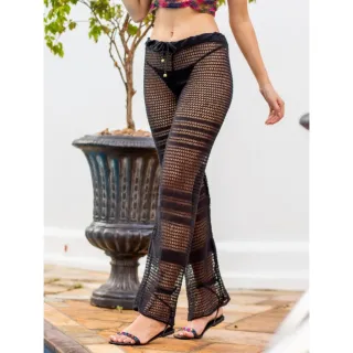 Calça Tricot Croche Flare Saida de Praia Feminina Cintura Alta - Fúcsia