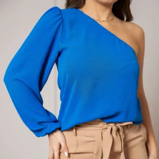Blusa moda blogueira feminina Duna um ombro jovem social mula manca - Azul
