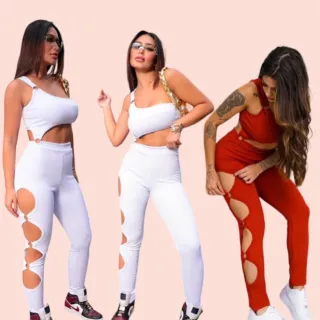 Moda Gringa: Macacão Canelado com Argola na Perna - Virgínia - Vermelho