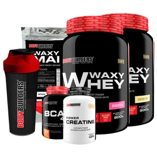 Bodybuilders - Kit Aumento de Massa Muscular: 2x Whey Protein Waxy Whey Pote 900g + BCAA 4,5 100g + Power Creatina 100g - Baunilha e Paçoca