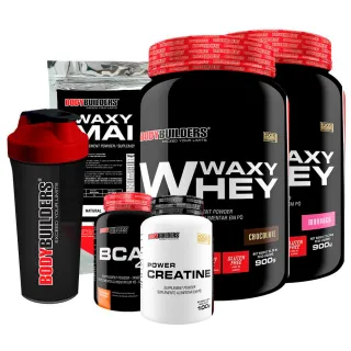Bodybuilders - Kit Aumento de Massa Muscular: 2x Whey Protein Waxy Whey Pote 900g + BCAA 4,5 100g + Power Creatina 100g - Baunilha e Paçoca