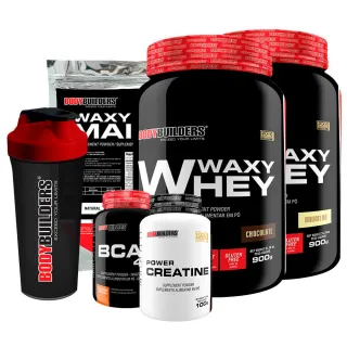 Bodybuilders - Kit Aumento de Massa Muscular: 2x Whey Protein Waxy Whey Pote 900g + BCAA 4,5 100g + Power Creatina 100g - Baunilha e Paçoca