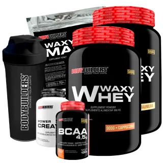 Bodybuilders - Kit Aumento de Massa Muscular: 2x Whey Protein Waxy Whey Pote 900g + BCAA 4,5 100g + Power Creatina 100g - Baunilha e Paçoca