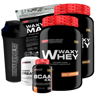 Bodybuilders - Kit Aumento de Massa Muscular: 2x Whey Protein Waxy Whey Pote 900g + BCAA 4,5 100g + Power Creatina 100g - Baunilha e Paçoca