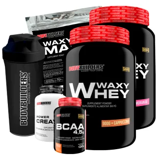 Bodybuilders - Kit Aumento de Massa Muscular: 2x Whey Protein Waxy Whey Pote 900g + BCAA 4,5 100g + Power Creatina 100g - Baunilha e Paçoca