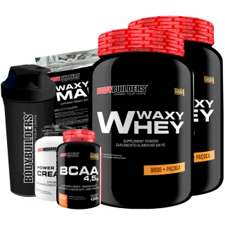 Bodybuilders - Kit Aumento de Massa Muscular: 2x Whey Protein Waxy Whey Pote 900g + BCAA 4,5 100g + Power Creatina 100g - Baunilha e Paçoca