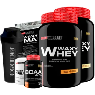 Bodybuilders - Kit Aumento de Massa Muscular: 2x Whey Protein Waxy Whey Pote 900g + BCAA 4,5 100g + Power Creatina 100g - Baunilha e Paçoca