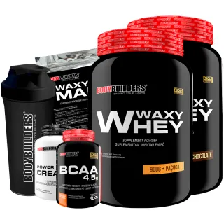 Bodybuilders - Kit Aumento de Massa Muscular: 2x Whey Protein Waxy Whey Pote 900g + BCAA 4,5 100g + Power Creatina 100g - Baunilha e Paçoca