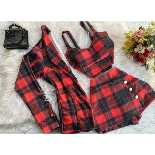 Blazer feminino cropped com bojo, short saia e conjuntinho de 3 peças - Modelo04