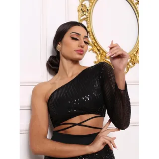 Blusa Cropped Manga Longa Paetê Lantejoulas - Moda Gringa - Roxo