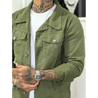 Estilo Rasgada: Jaqueta Masculina Destroyer Azul Jeans - Verde Militar
