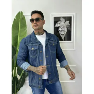 Estilo Rasgada: Jaqueta Masculina Destroyer Azul Jeans - Verde Militar