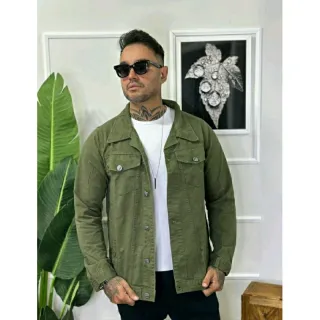 Estilo Rasgada: Jaqueta Masculina Destroyer Azul Jeans - Verde Militar