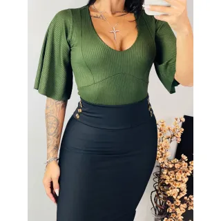 Moda Evangelica Blusa Feminina Premium Canelado Manga Flare