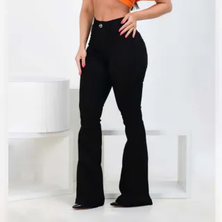 Calça Lisa Preta Feminina Jeans Flare - 42