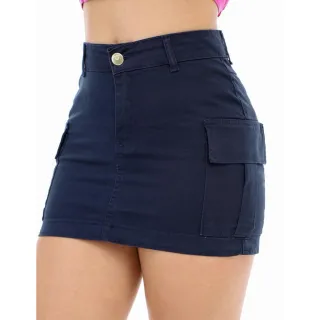 Saia Jeans Curta Feminina Cargo Sarja Alta Cos Bolso Lateral