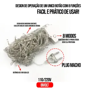 Enfeite Natalino Luz Pisca Pisca Led Bivolt 5M 8 Funções Árvore Natal - Colorido