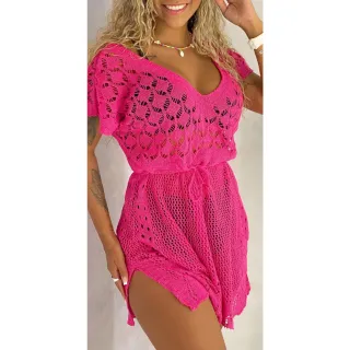 Moda Praia Vestido Curto Trabalhado Decote Piscina - Preto